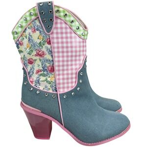 Sugar Thrillz Dolls Kill Denim Floral Gingham Bling Cowboy Boots Pink Block Heel
